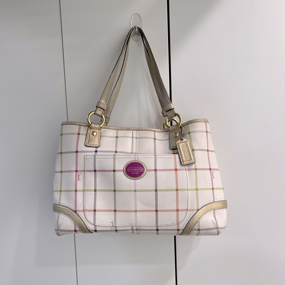 Coach F19176 Peyton Tattersall Plaid Satchel Tote Coated Canvas Ivory Multi H013 - Picture 1 of 16